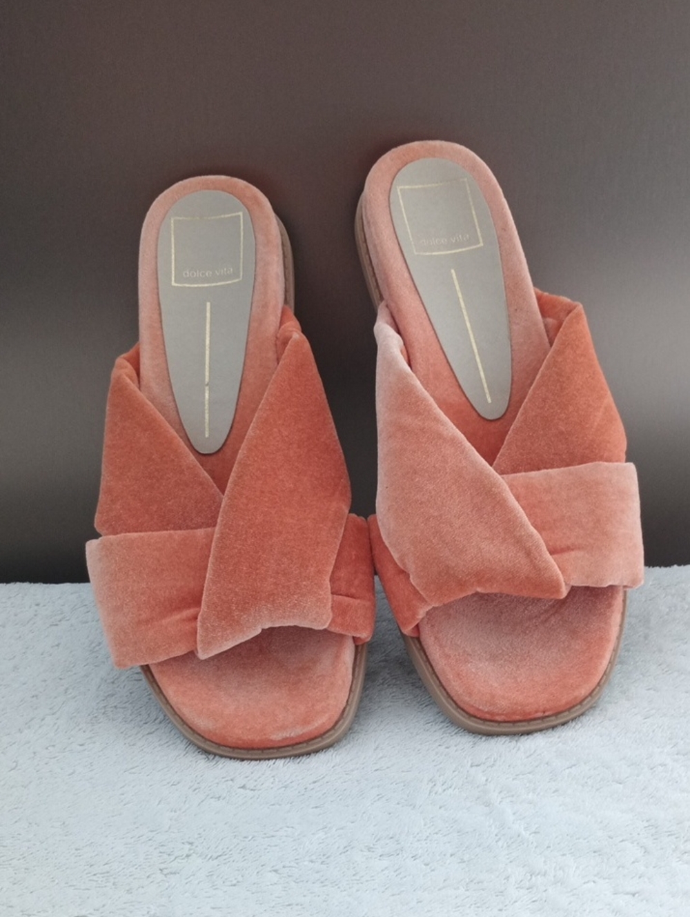 Dolce Vita Coral-Peach Velvet Knot Slide Mules